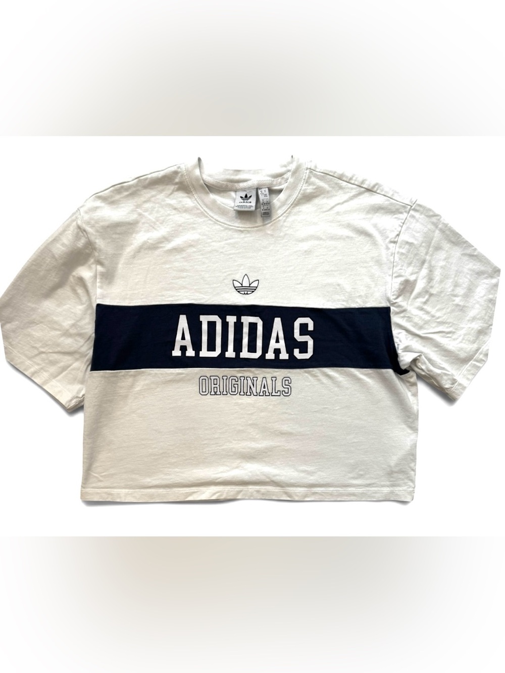Adidas Originals White & Navy Logo Cropped Tee